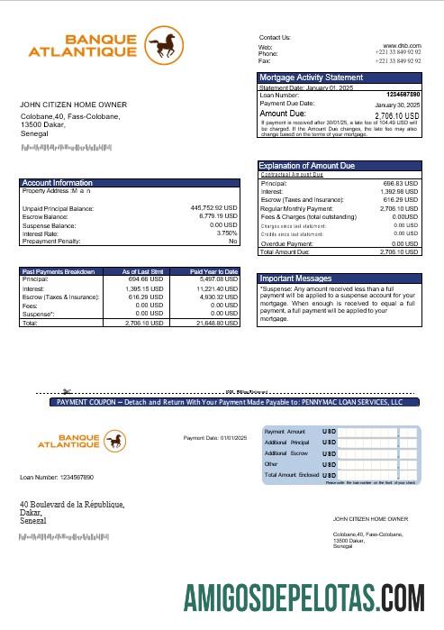 Extrato de hipoteca do Senegal Banque Atlantique em formatos Word e PDF baixar para verificação